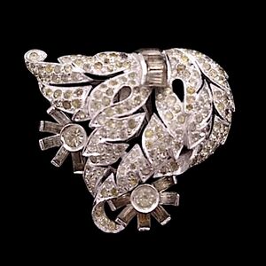 Vintage Rhinestone Dress Clip, Fine Detail, Old Original Stones, Rhodium Setting